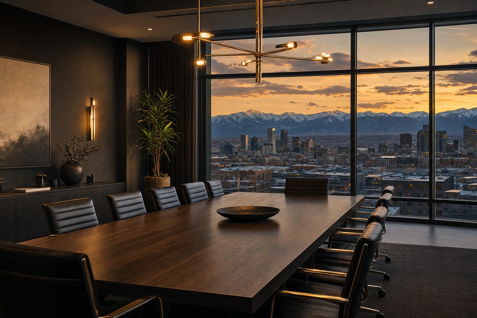 A modern advisory conference room in Denver at dusk with mountain views