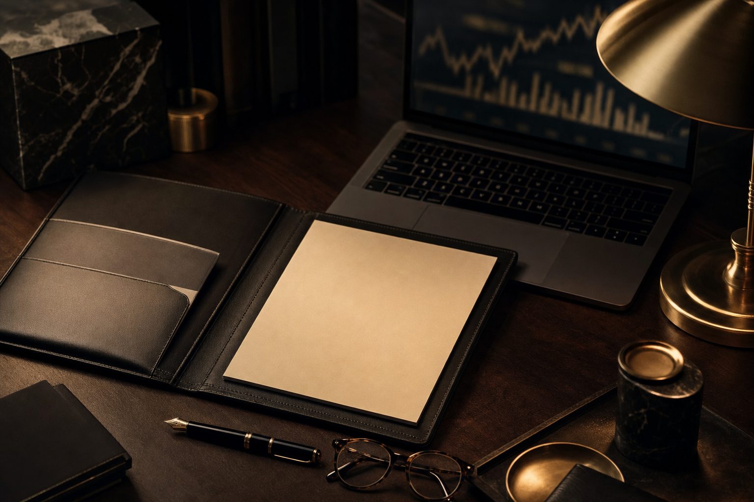 A leather planning portfolio, fountain pen and laptop on a walnut desk under warm lamp light